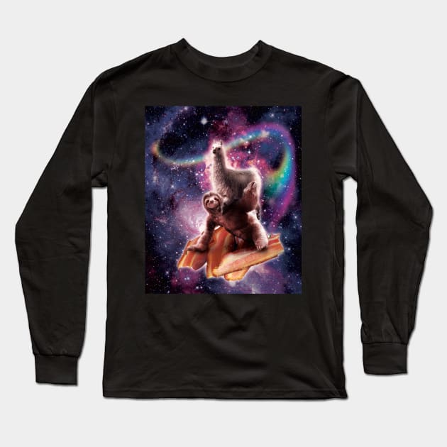 Rainbow Space Llama On Sloth Riding Bacon Long Sleeve T-Shirt by Random Galaxy